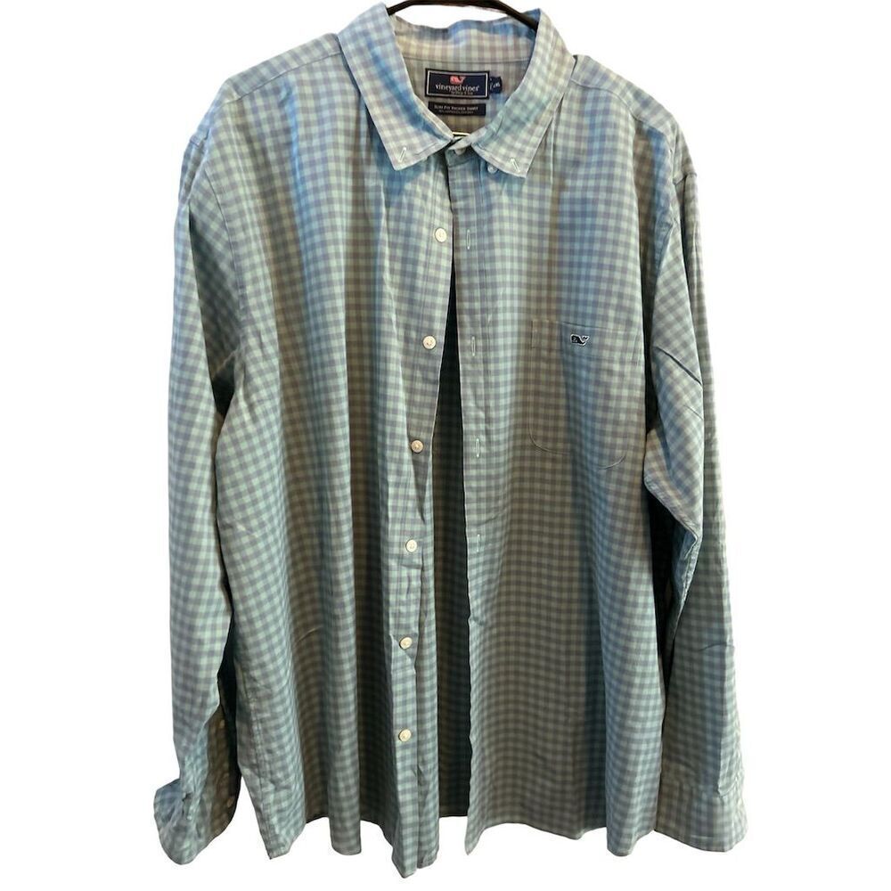 Vineyard Vines Men's 2XL Slim Fit Tucker‎ Gingham Shirt Long Sleeve Green Lilac